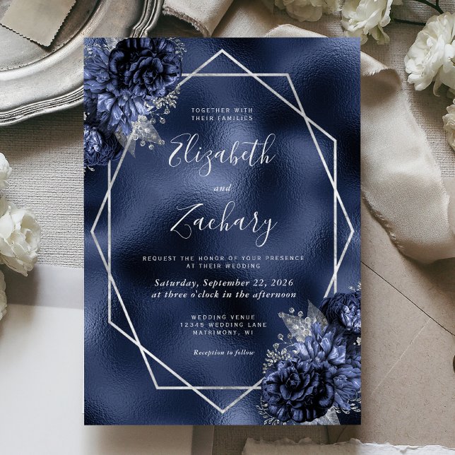Convite Casamento em Faux Foil com Moldura Prateada e Flor (Criador carregado)