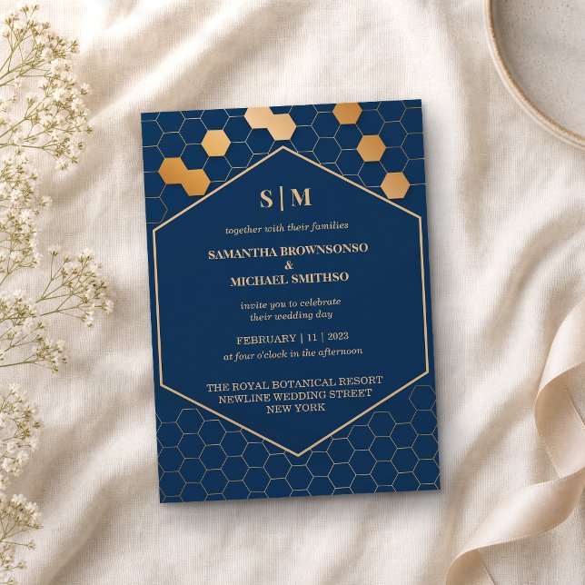 Convite Casamento em Favo de Mel Dourado e Azul Marinho (Criador carregado)
