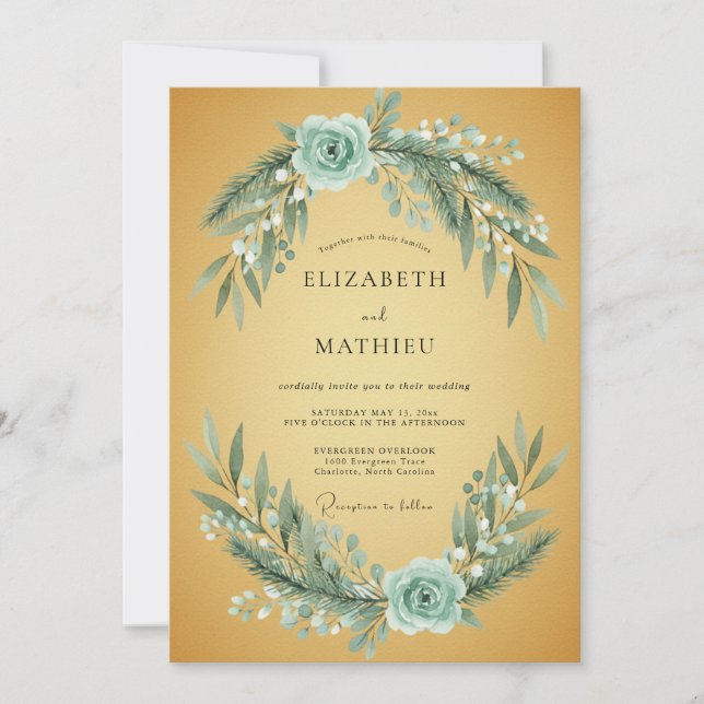 Convite Casamento em Folhagem Aquática Ocre Eucalipto (Frente)
