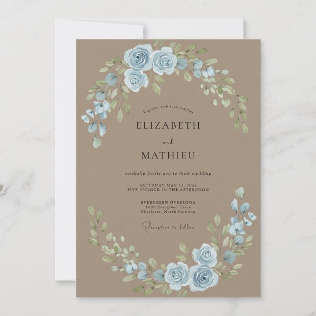 Convite Casamento em Folhas de Azul e Pó de Taupe (Frente)