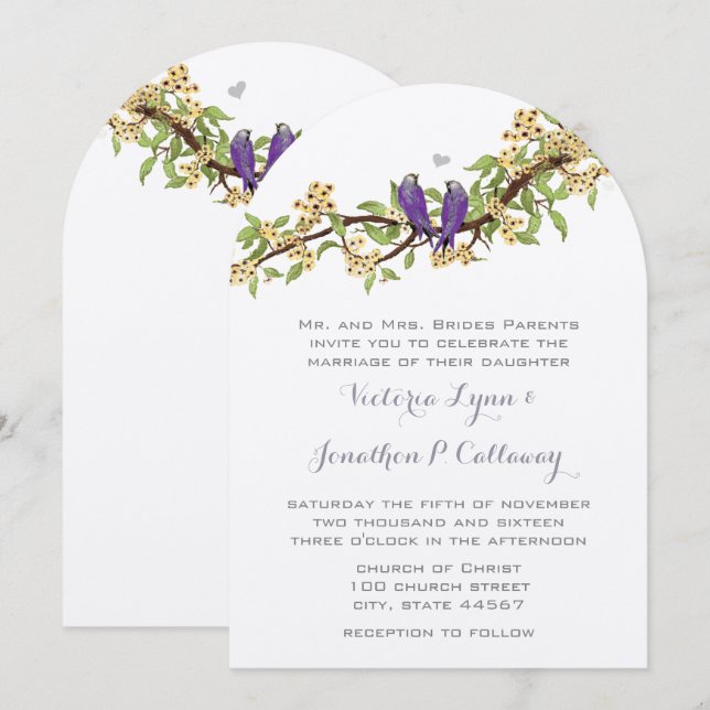 Convite Casamento em Forma de Arco de Pássaro Amarelo Roxo (Frente/Verso)
