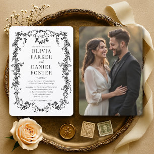Convite Casamento em Foto Preto e Branco Floral Vitoriano