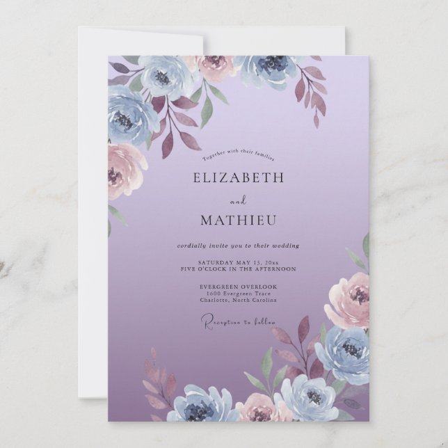 Convite Casamento em Lavanda Poeirenta com Folhas de Periw (Frente)
