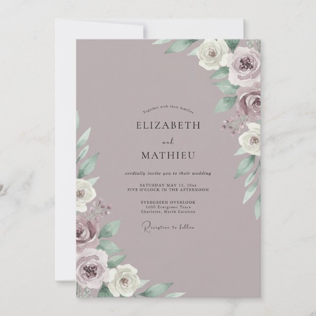 Convite Casamento em Lilás Poeirento com Folhas (Frente)