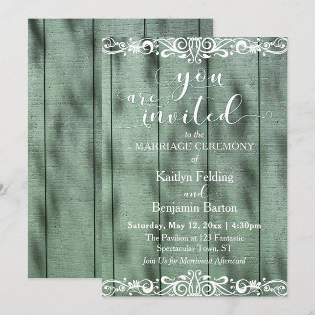 Convite Casamento em Madeira Verde Rústica com Trabalho de (Frente/Verso)