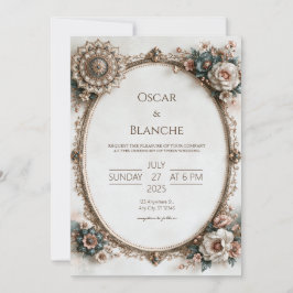 Convite Casamento em Moldura Oval Floral Azul Turquesa Emp