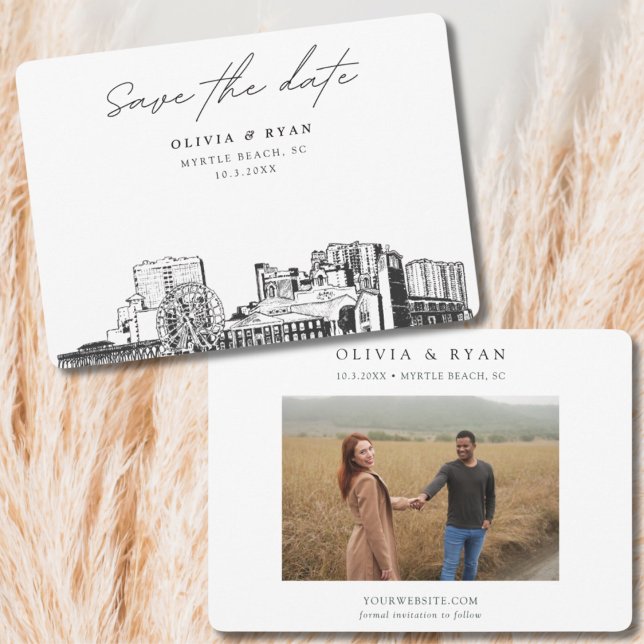 Convite Casamento em Myrtle Beach Skyline Salvar a Data  (Myrtle Beach Florida Wedding Save the Date Invitation)