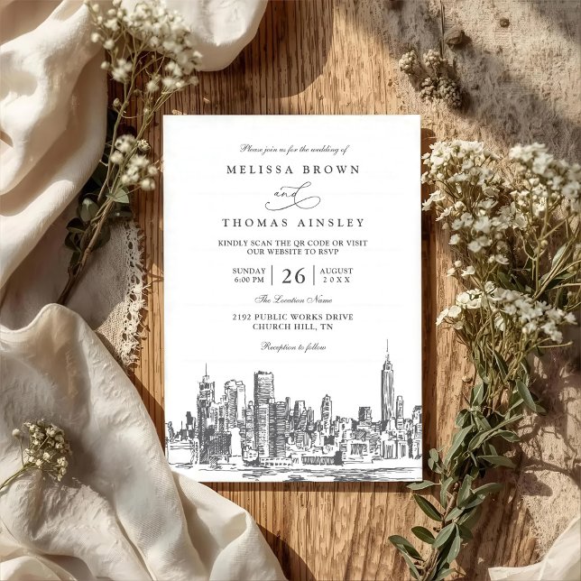 Convite Casamento em Nova York Elegante Moderno Código QR (Criador carregado)