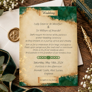 Convite Casamento em Pergaminho Verde Ágata Dourado Mediev