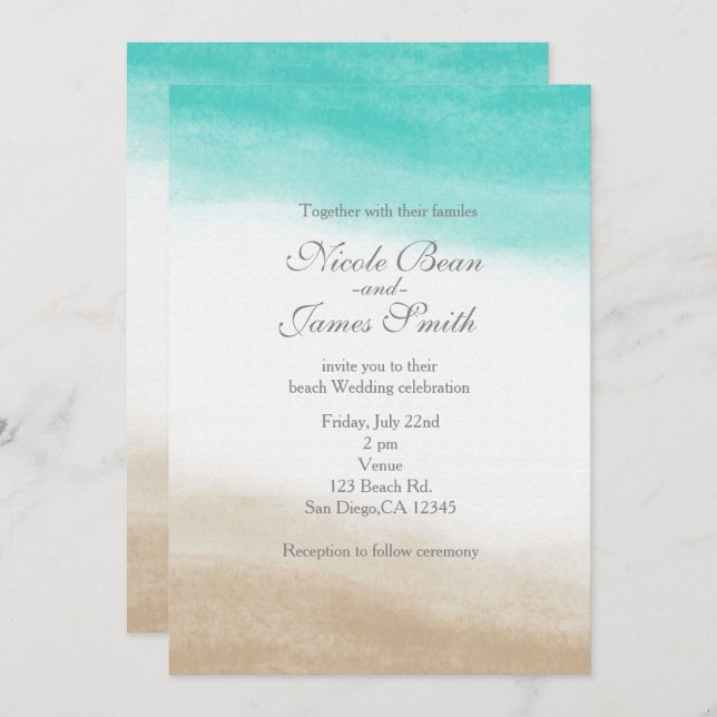 Convite Casamento em Praia Elegante e Teal de Aquarela (Frente/Verso)
