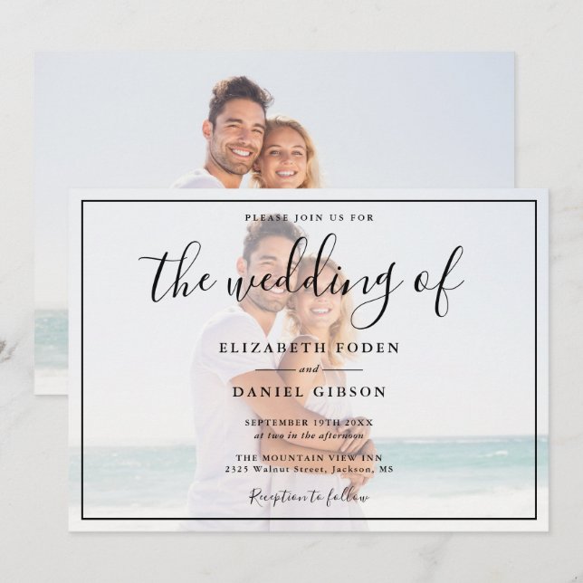 Convite Casamento em Preto e Branco com Letra Elegante (Frente/Verso)