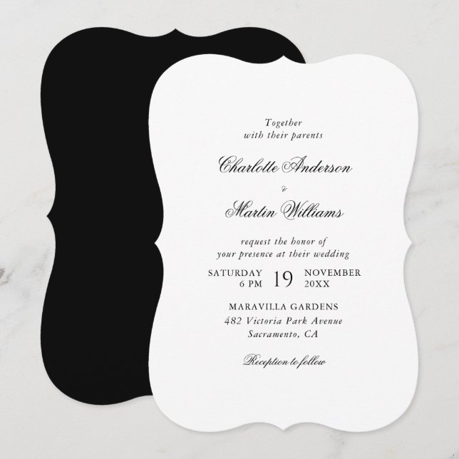 Convite Casamento em Preto e Branco com Letra Elegante (Frente/Verso)