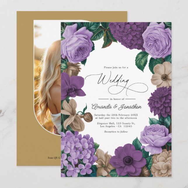 Convite Casamento em Quartzo Mauve, Ameixa Empoeirada e Be (Frente/Verso)