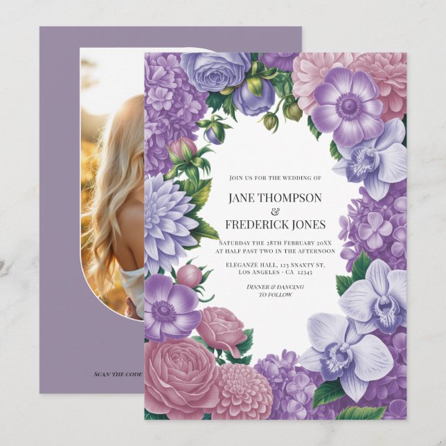 Convite Casamento em Quartzo Mauve, Peônia Empoeirada e Li (Frente/Verso)