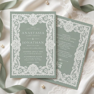 Convite Casamento em renda vintage verde-sage