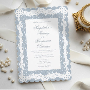 Convite Casamento em Renda Vitoriana Elegante Azul Desbota