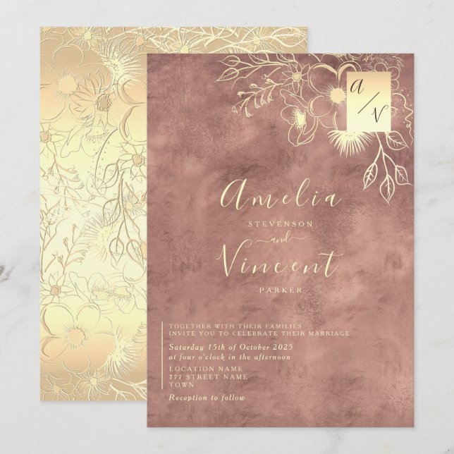 Convite Casamento em Rosa Dourado Elegante (Frente/Verso)