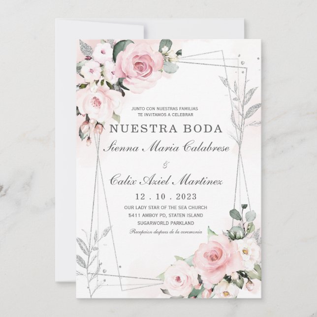 Convite Casamento em Rosa Empolvado e Cinza (Frente)