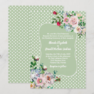 Convite Casamento em Sage Claro com Pontos e Flores Branca