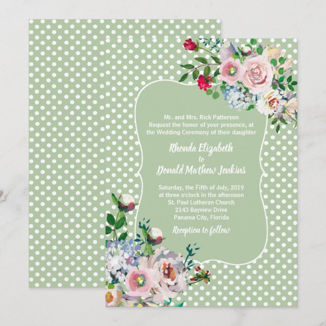 Convite Casamento em Sage Claro com Pontos e Flores Branca (Frente/Verso)