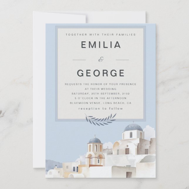Convite Casamento em Santorini | Azul e Branco  (Frente)