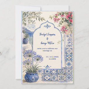 Convite Casamento em Santorini Floral Azul em Aquarela