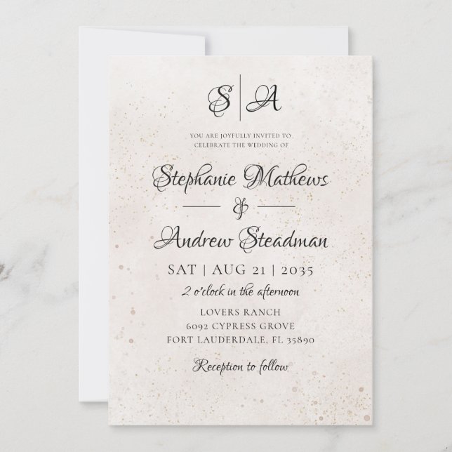 Convite Casamento em Script Clássico Bege com Aquarela (Frente)