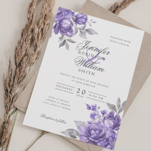 Convite Casamento em Script Elegante Roxo Floral Rústico 
