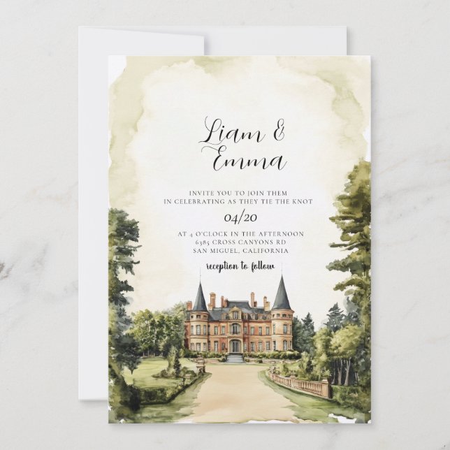 Convite Casamento em Solar Inglês em Aquarela Vintage (Frente)