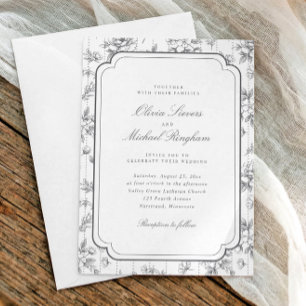 Convite Casamento em Tom Cinza Floral Francês Toile Antigo