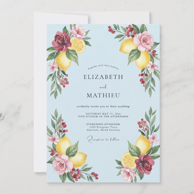 Convite Casamento em Tons de Borgonha, Amarelo, Limão e Eu (Frente)