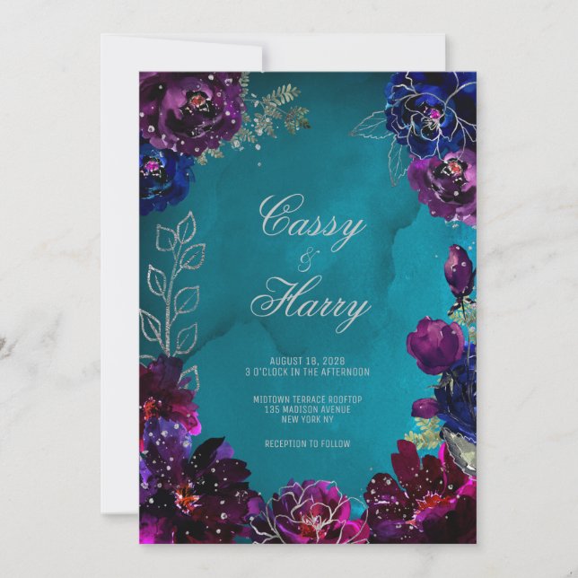 Convite Casamento em Tons de Joia Azul Teal Safira Ametist (Frente)