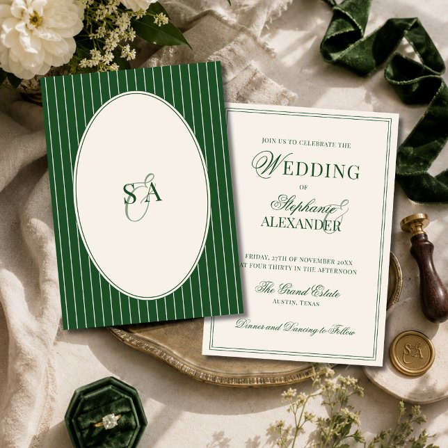 Convite Casamento em Verde Esmeralda Clássico Monograma Ol (Criador carregado)