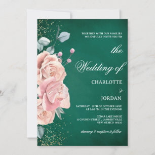 Convite Casamento em Verde Esmeralda e Rosa Bege em Aquare