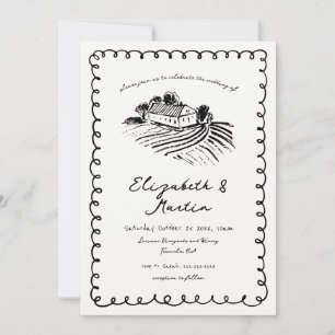 Convite Casamento em Vinícola Preto e Branco Desenhado à M