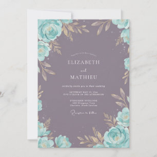 Convite Casamento em Violeta Empoeirado Água Folhagem