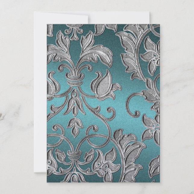 Convite Casamento Embossed Look Damask Teal (Frente)