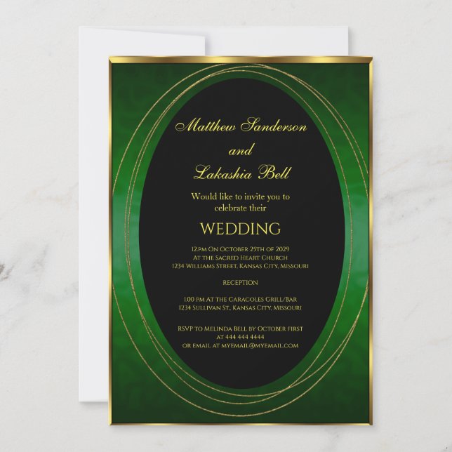 Convite Casamento Emerald Green gold Black Elegant Modern (Frente)