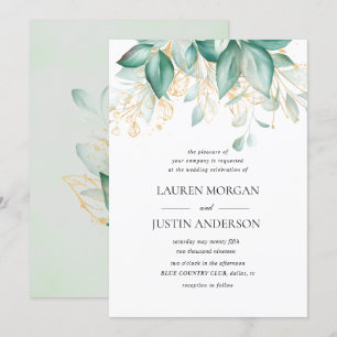 Convite casamento empoeirado de ouro verde eucalipto verde