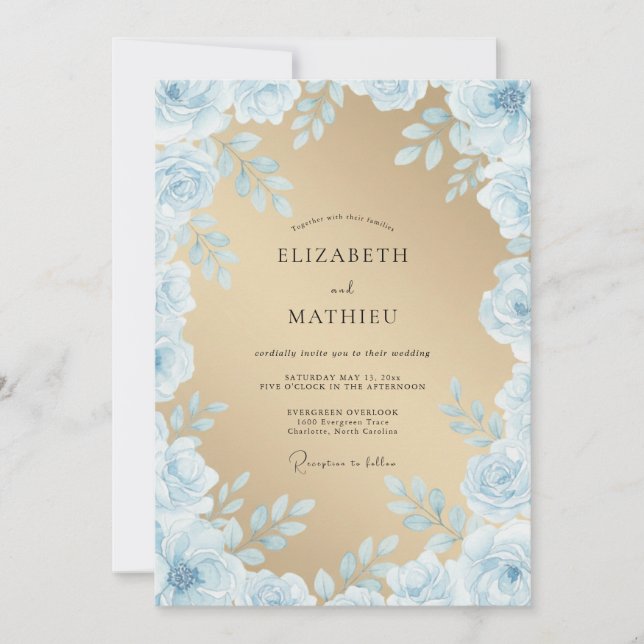 Convite Casamento Encantado com Aquarela Azul Claro (Frente)