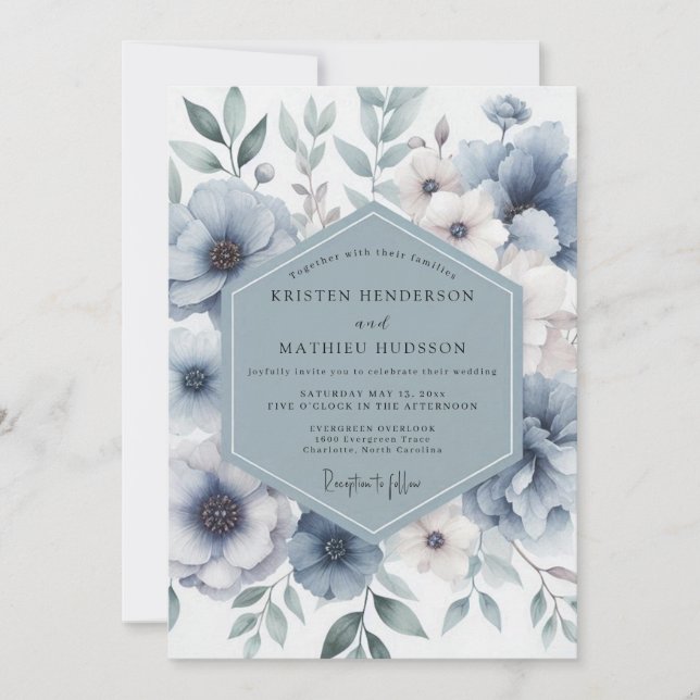 Convite Casamento Encantado com Flor de Azul Desbotado (Frente)