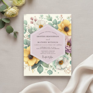 Convite Casamento Encantado com Florais Amarelo Pálido
