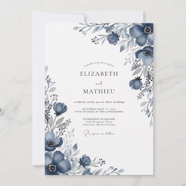 Convite Casamento Encantado com Floral Azul Desbotado (Frente)