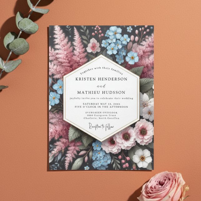 Convite Casamento Encantado com Floral Rosa Empoeirado (Criador carregado)