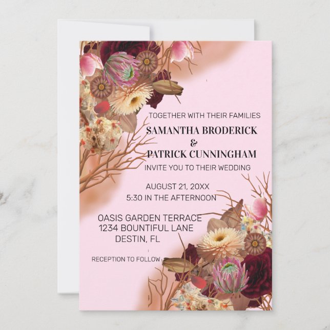 Convite Casamento Encantado de Conto de Fadas Boho Flor Si (Frente)