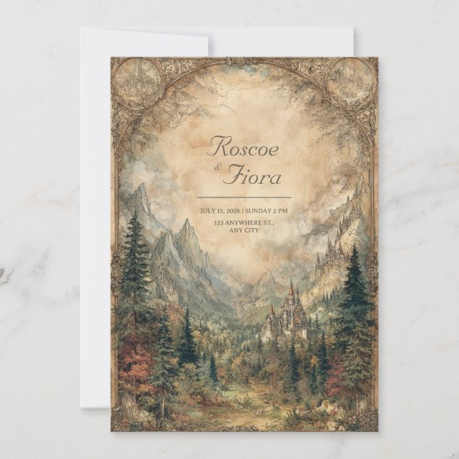 Convite Casamento Encantado do Castelo de Mystic Valley (Frente)