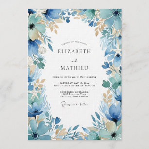 Convite Casamento Encantado Floral Azul Pintado