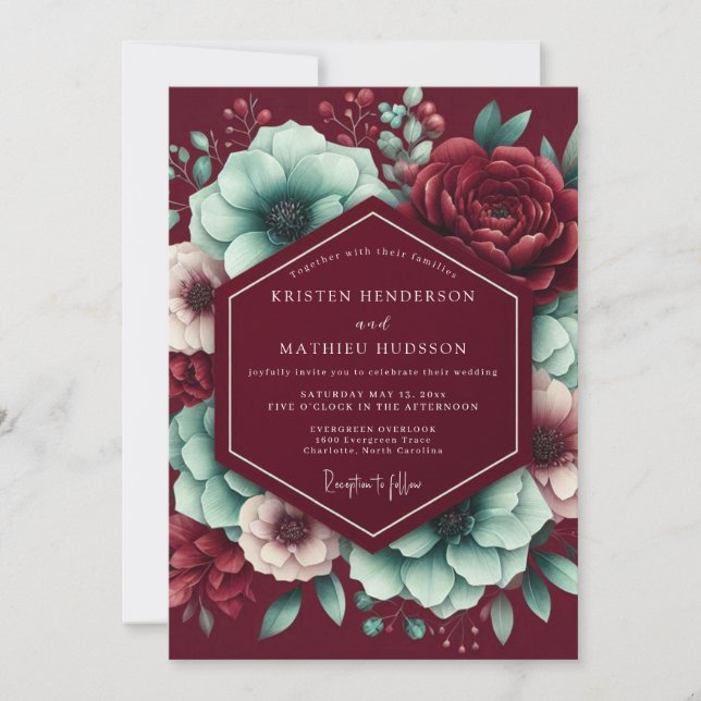 Convite Casamento Encantado Floral Borgonha (Frente)