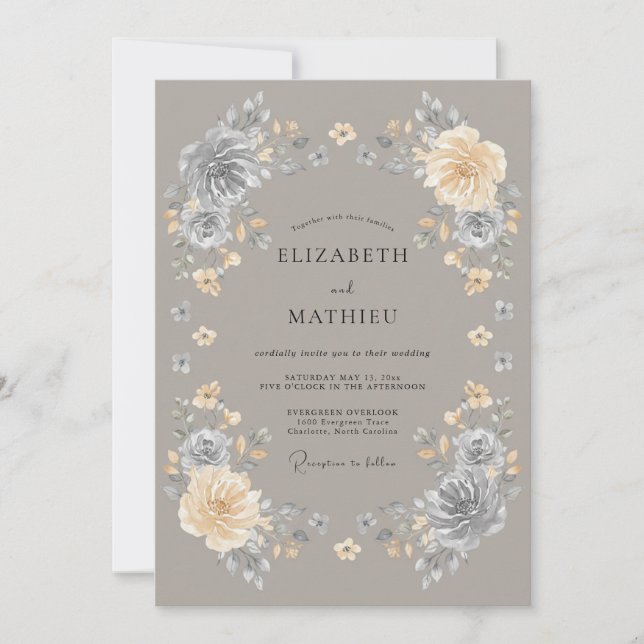Convite Casamento Encantado Floral Cinza (Frente)
