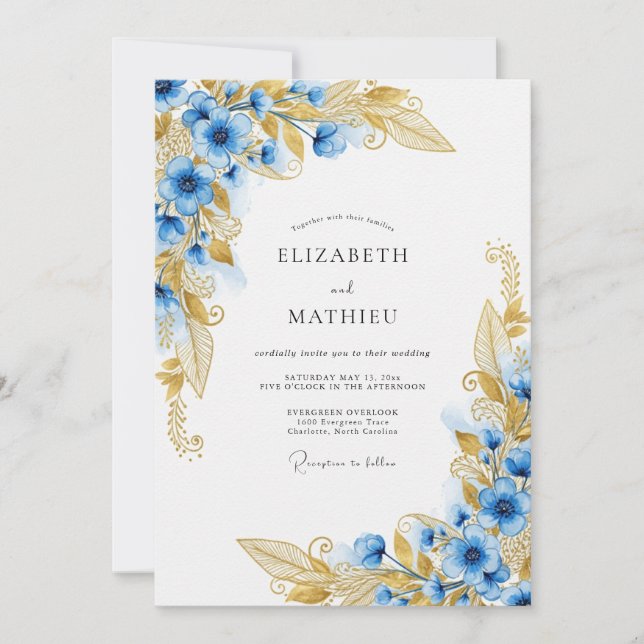 Convite Casamento Encantado Floral Dourado Azul (Frente)